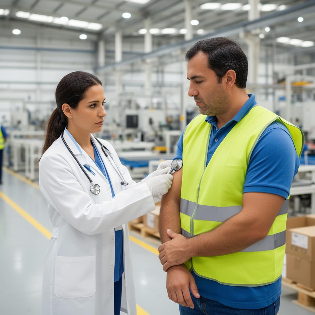 Visión - Doctora atendiendo trabajador en planta